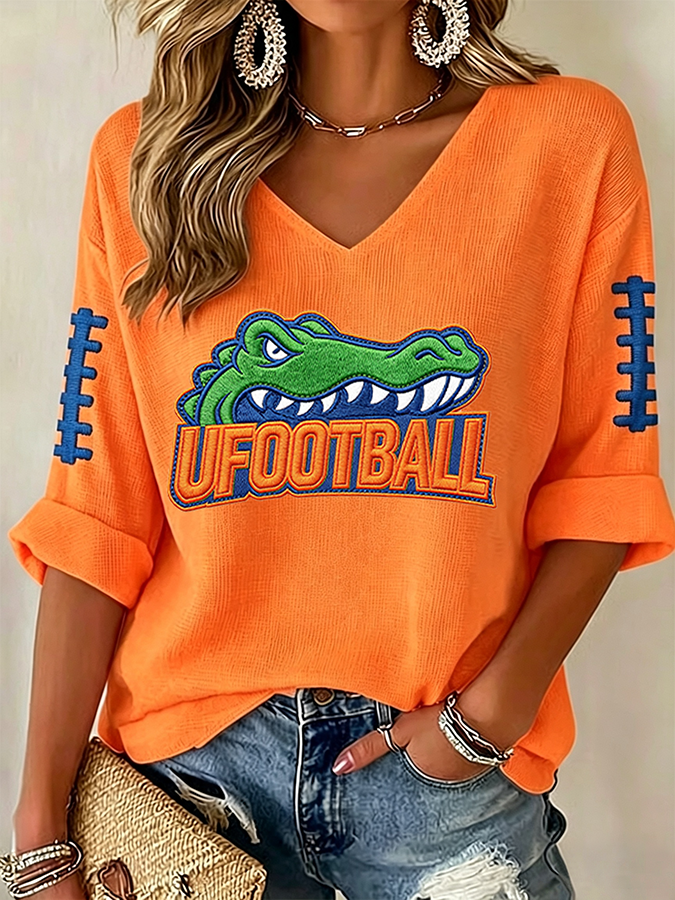 Women'S Rugby Patterned Waffle V-Neck Top