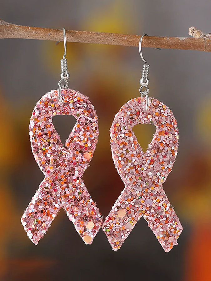 Breast Cancer Awareness Publicity Pink Ribbon Leather Sequin Pendant Earrings