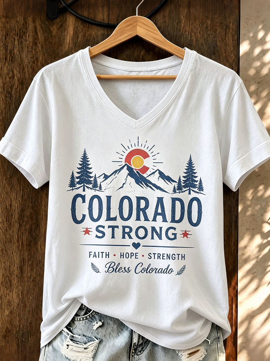 Colorado Strong Faith Hope Strength Mountain Colorado Flag Vintage V Neck Short Sleeve T-Shirt