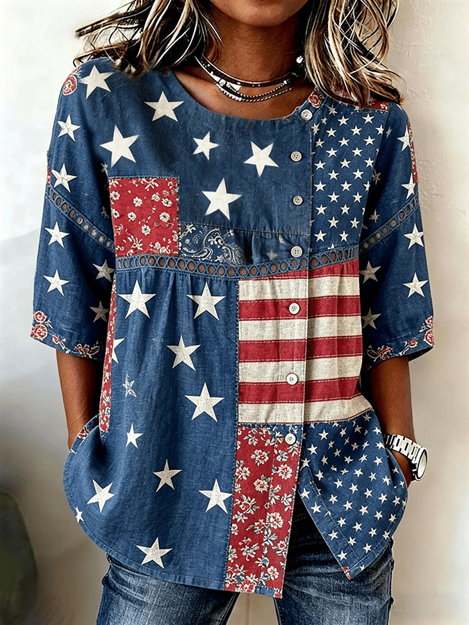 Women's Patriotic Artistic Floral Print Cotton Linen Top