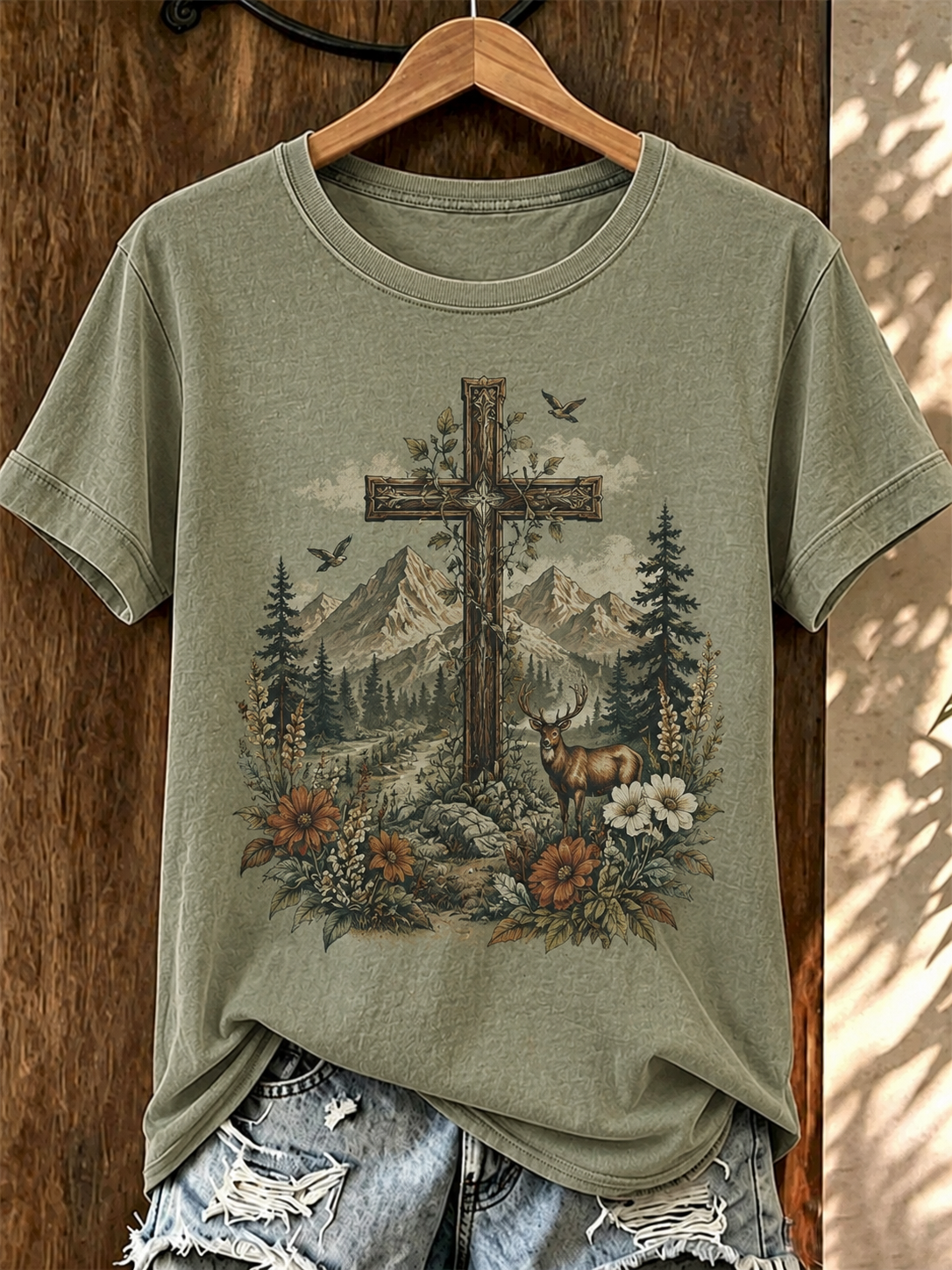 Mountain Deer Floral Cross Vintage Print Crew Neck Casual Short Sleeve T-Shirt