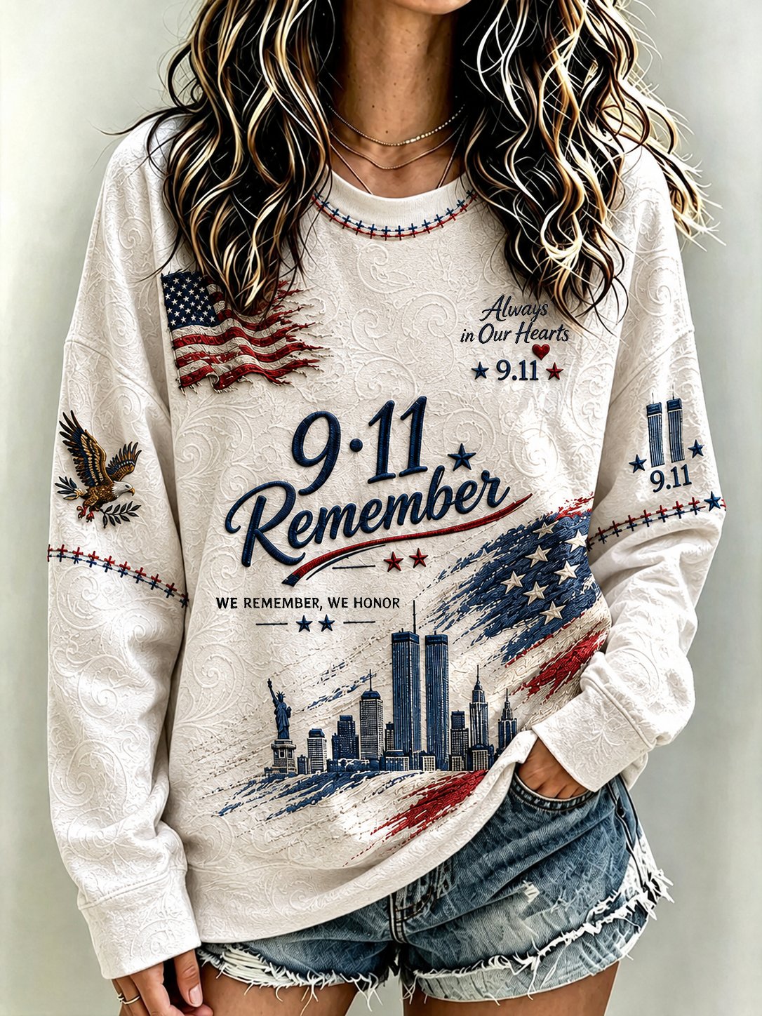 Women's 9/11 Memorial Casual Hoodie with Faux-Denim Print