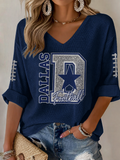 Women'S Football Printed Mid Sleeve V-Neck T-Shirt