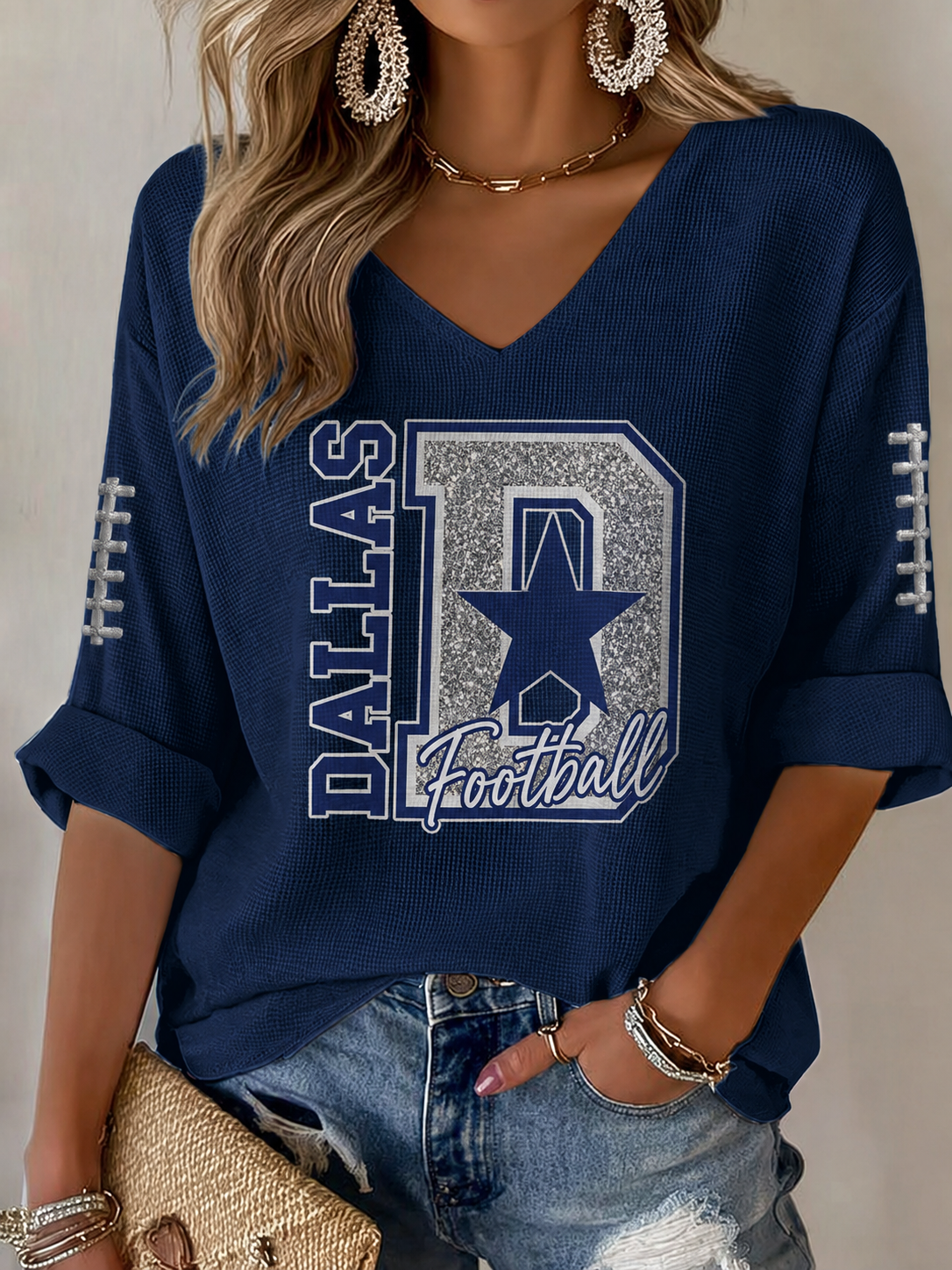 Women'S Football Printed Mid Sleeve V-Neck T-Shirt