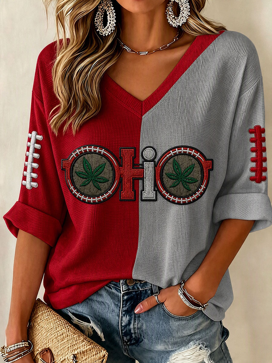Women'S Rugby Patterned Waffle V-Neck Top