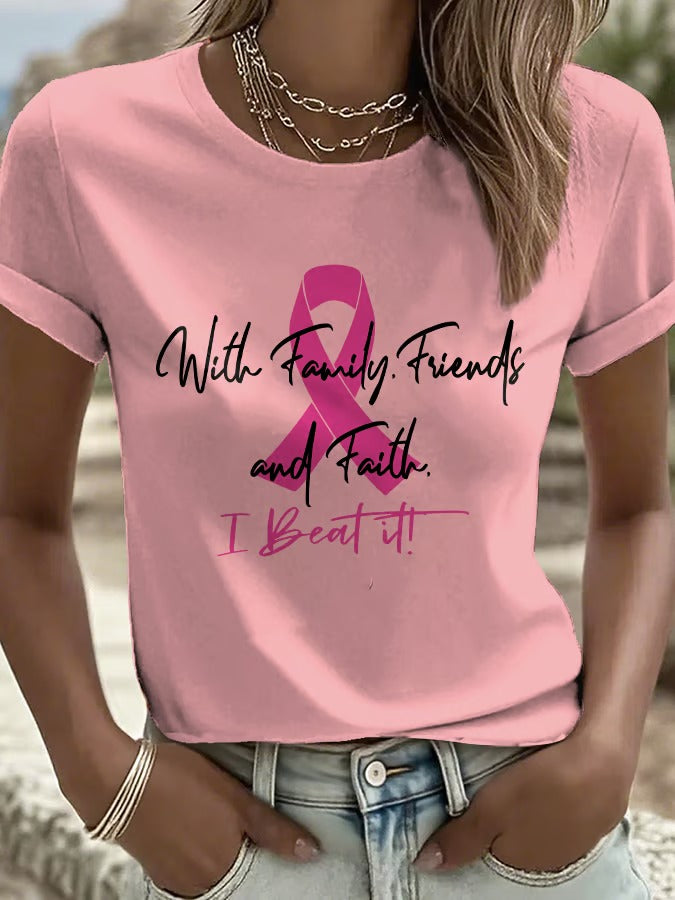Women'S Casual Short-Sleeve Crew-Neck T-Shirt With Breast Cancer Awareness Print