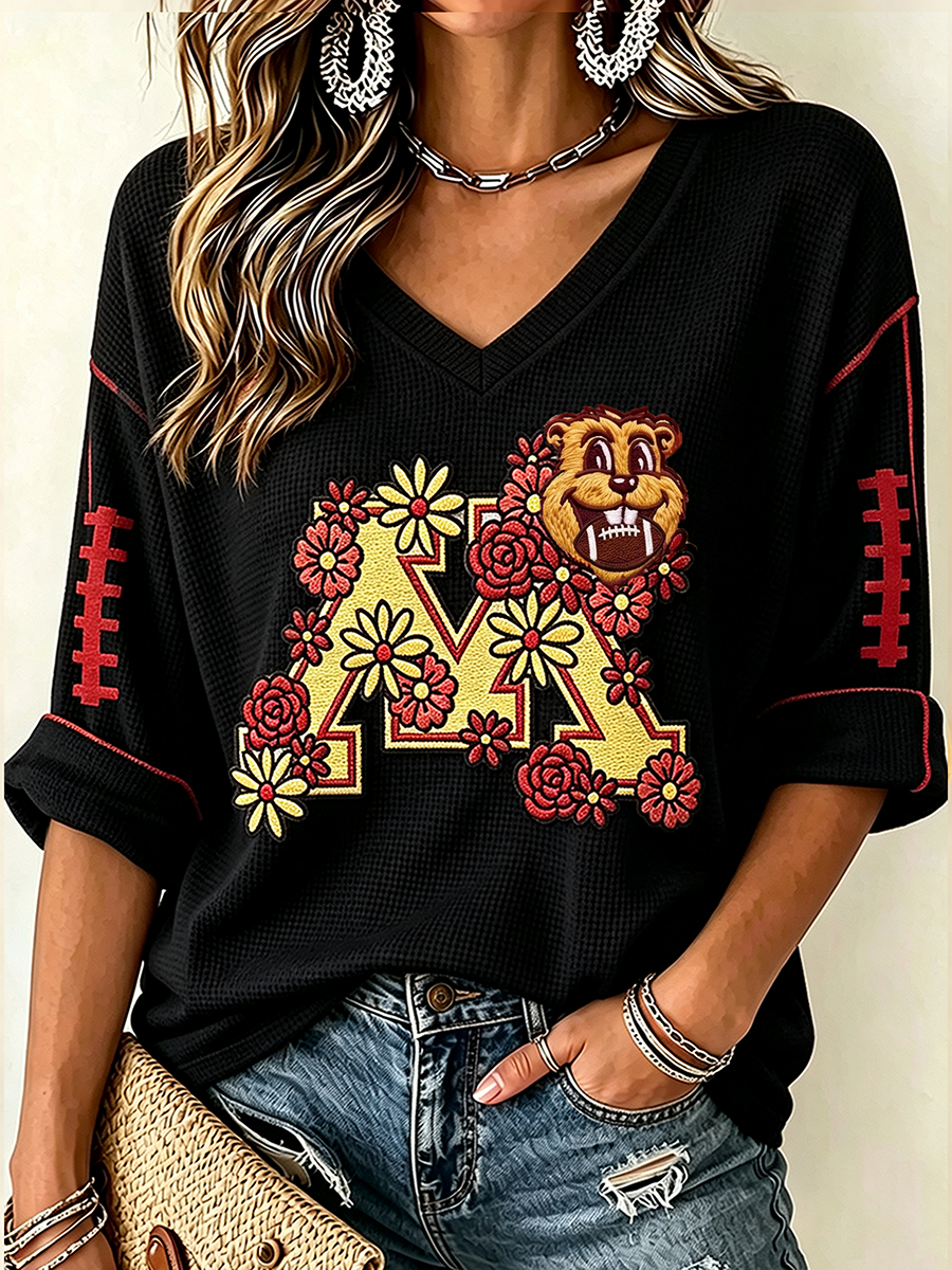 Women'S Football Print Waffle V-Neck Top