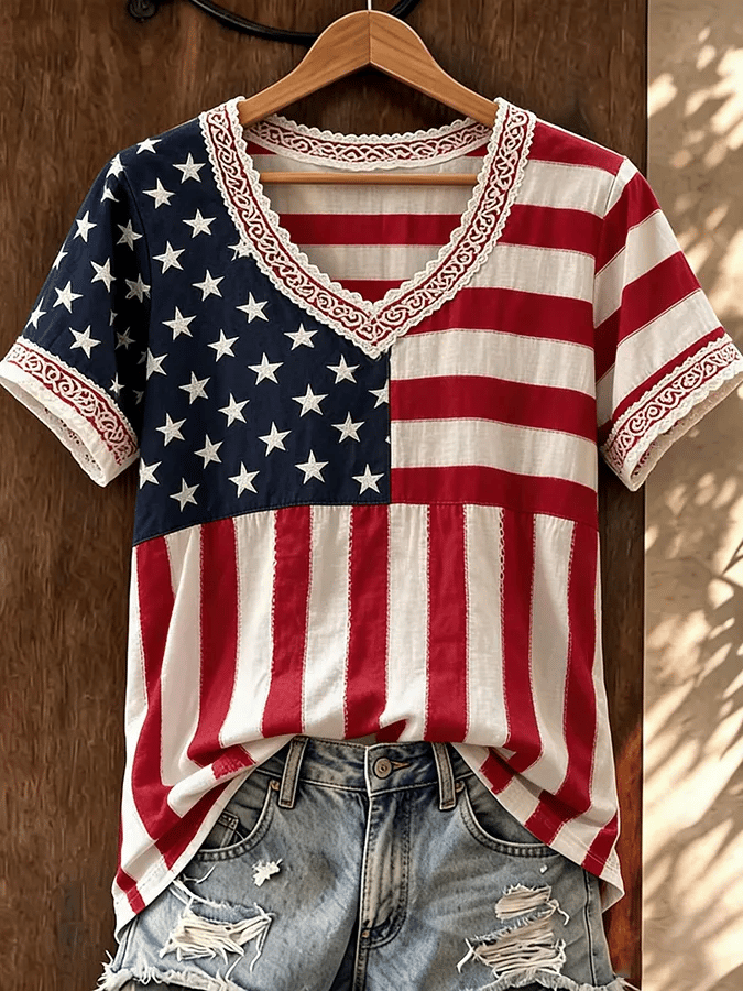 Women's Retro Independence Day Printed V-Neck Top