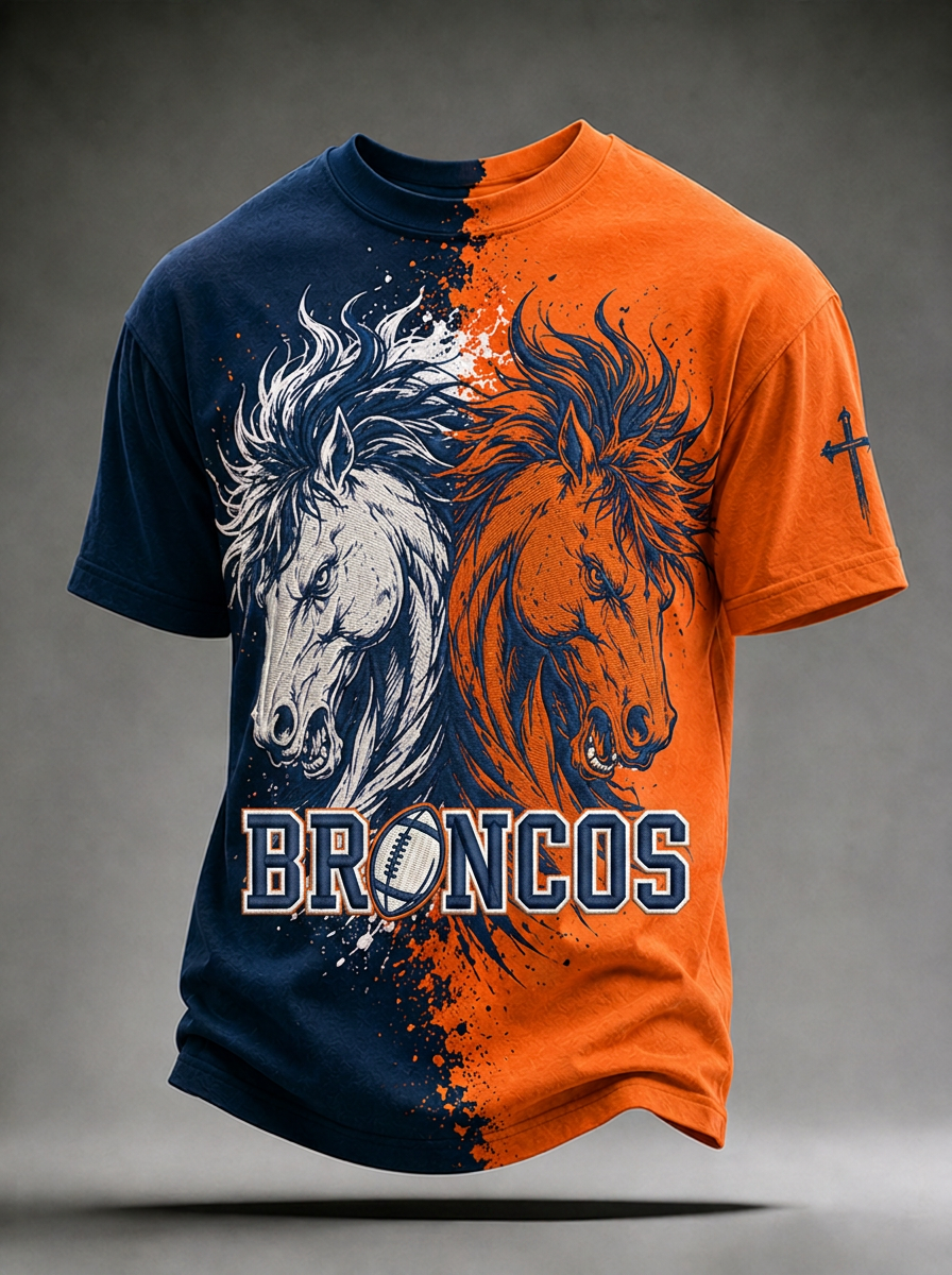 Men's Denver Broncos Dual Horse Football Printed T-shirt