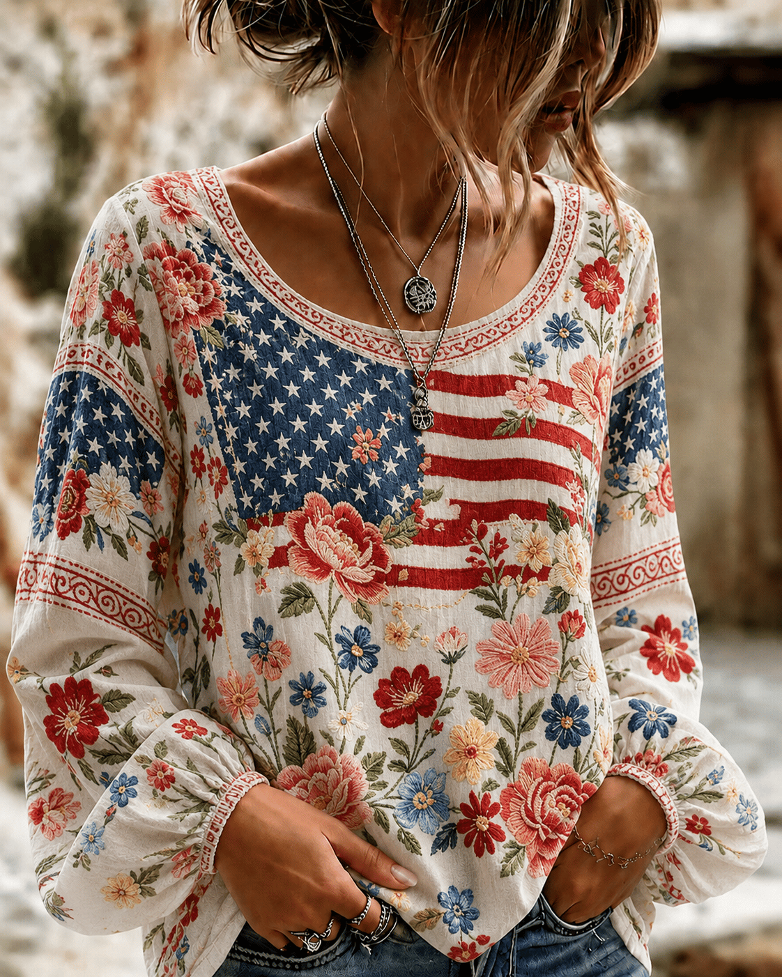 Women'S American Flag Star Printed Long Sleeve Casual Shirt