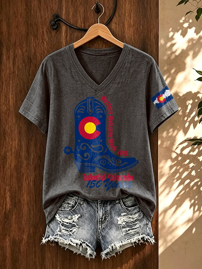 V-Neck Retro Western Welcome Week 2026 Colorful Colorado 150 Years Print T-Shirt