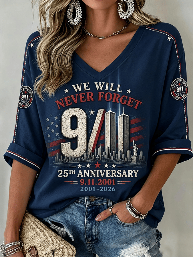 Women's 9.11 Never Forget Print V Neck T-shirt