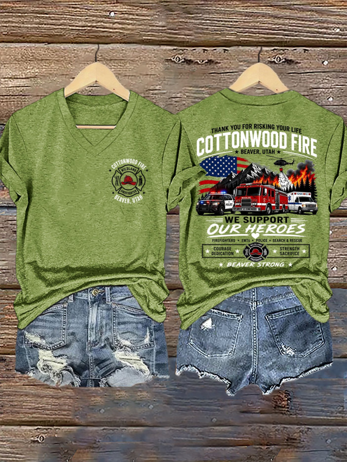 V-Neck Retro Beaver Strong Cottonwood Fire Beaver, Utah We Support Our Heroes Courage • Dedication • Strength • Sacrifice Print T-Shirt