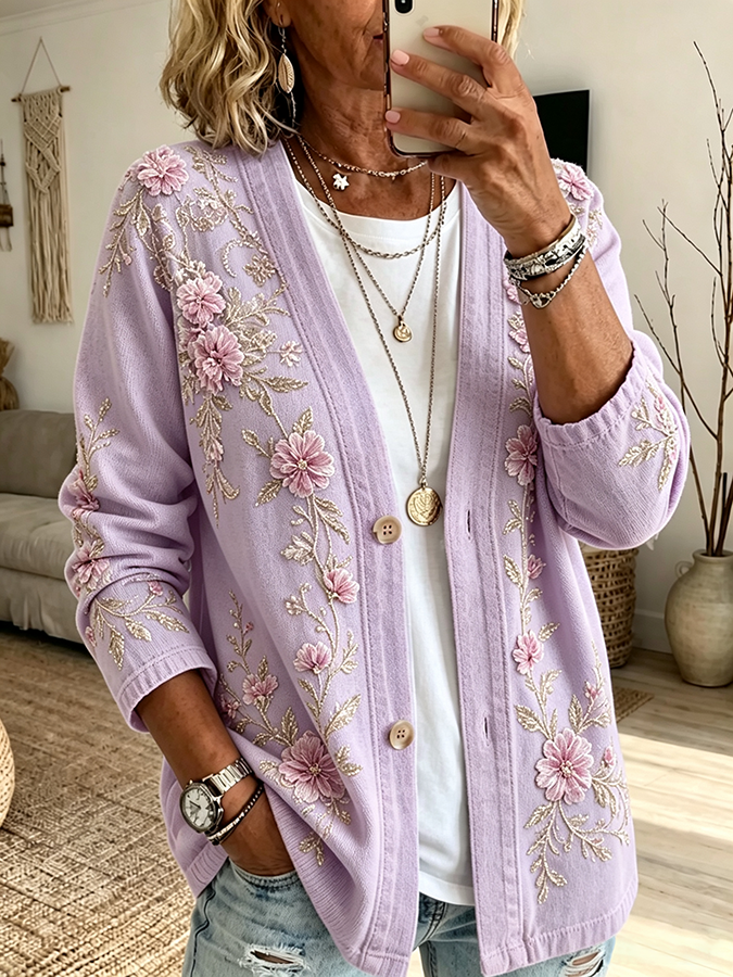 Women'S Casual Plant Flower Gilded Cardigan Top