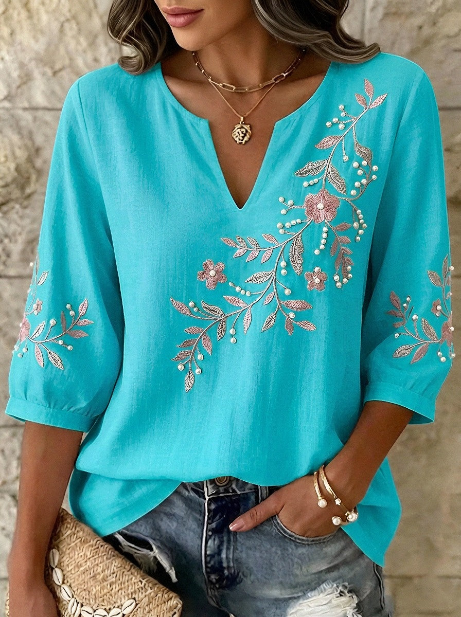 Women's Breast Cancer Awareness Floral Pearl Embroidered Printed Top