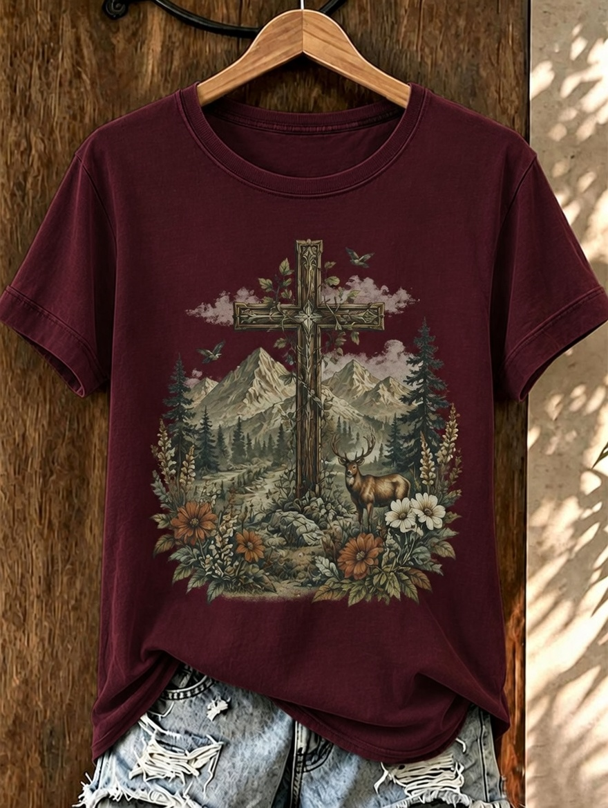 Mountain Deer Floral Cross Vintage Print Crew Neck Casual Short Sleeve T-Shirt
