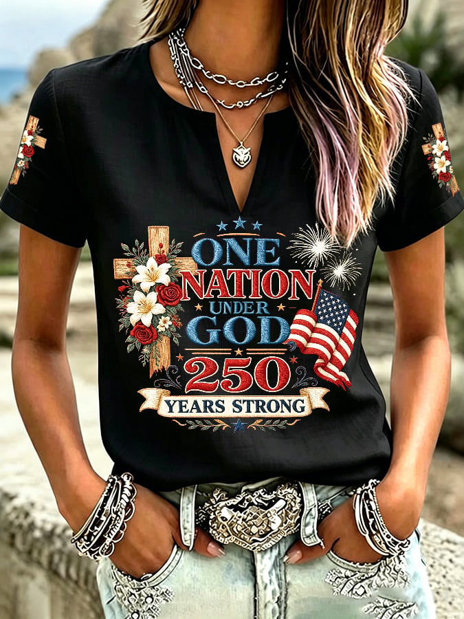 Women's America 250 Years Strong One Nation Under God Print Casual T-shirt