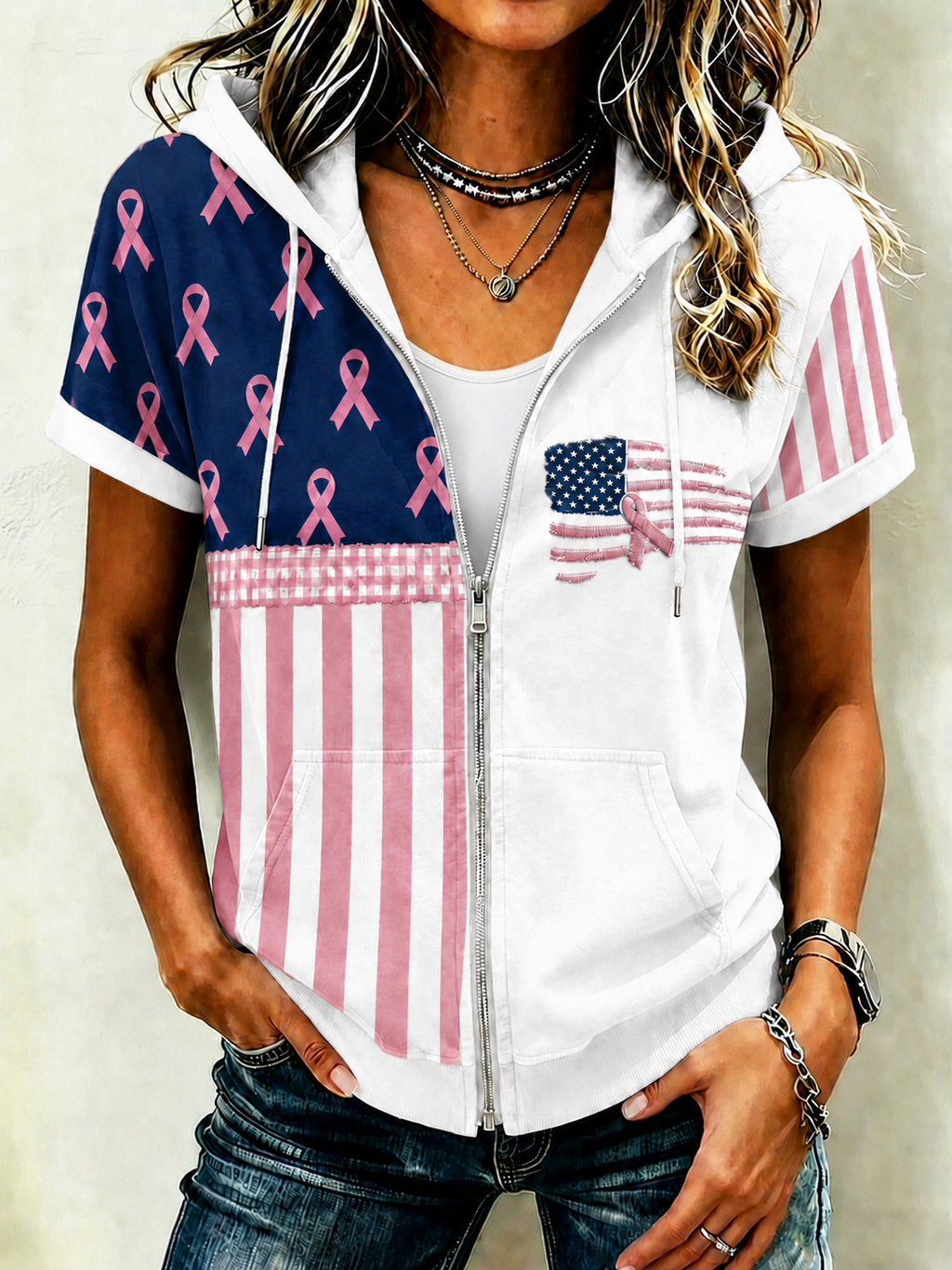 Women'S Casual Breast Cancer Awareness Promotion Prevention Printed Short Sleeved Hoodie