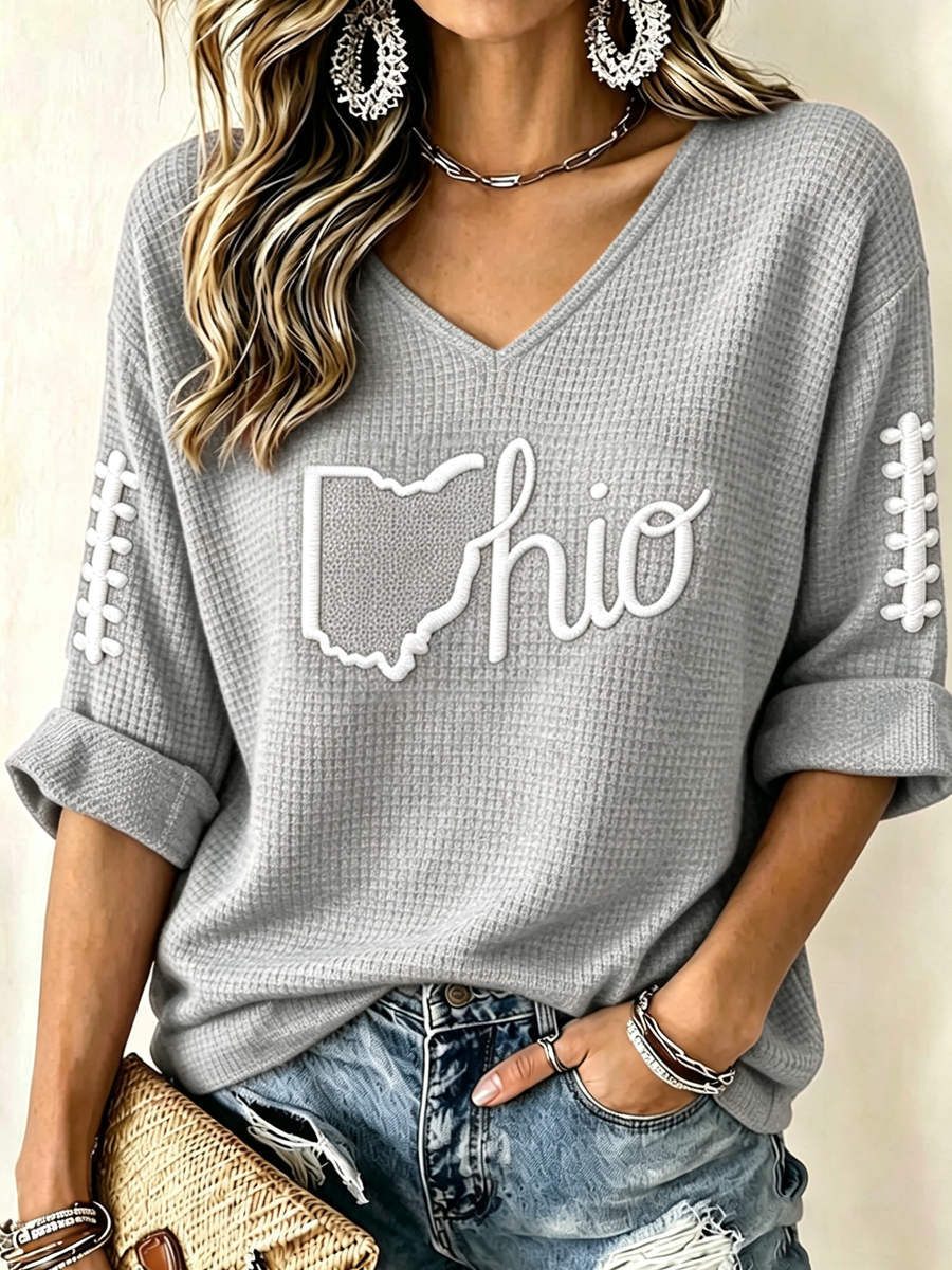 Women'S College Rugby Printed Waffle V-Neck Top