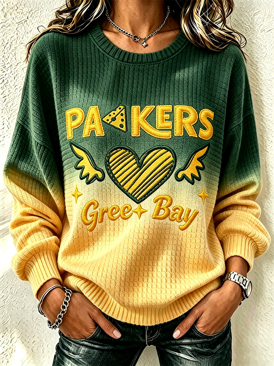 Women'S Football Fan Waffle Long Sleeved Round Neck Sweatshirt