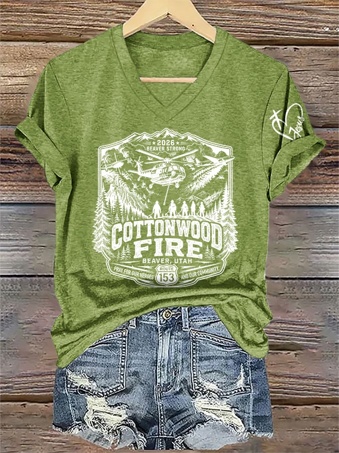 V-Neck Retro 2026 Beaver Strong Cottonwood Fire, Beaver, Utah - Pray For Our Heroes And Our Community Route 153 Print T-Shirt