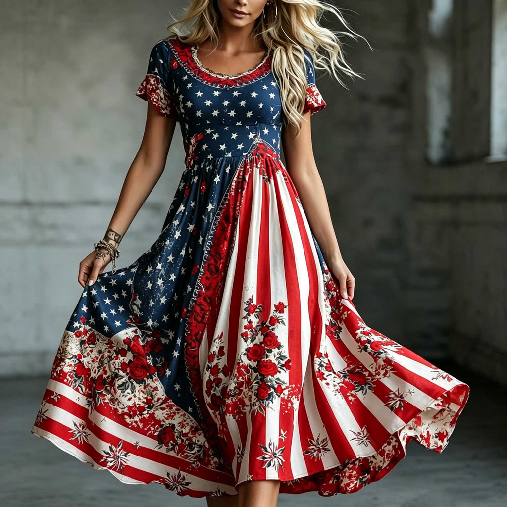 Women's Retro 250th Anniversary Flower Art Printed Dress