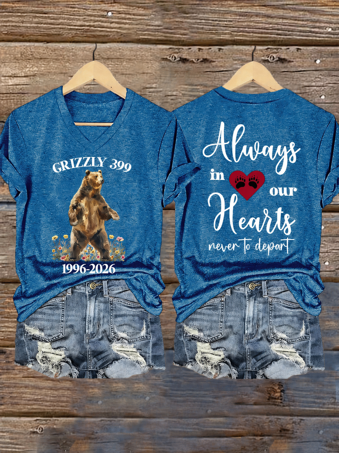 V-Neck Retro Grizzly 399 1996-2024 Always In Our Hearts Never To Depart Print T-Shirt