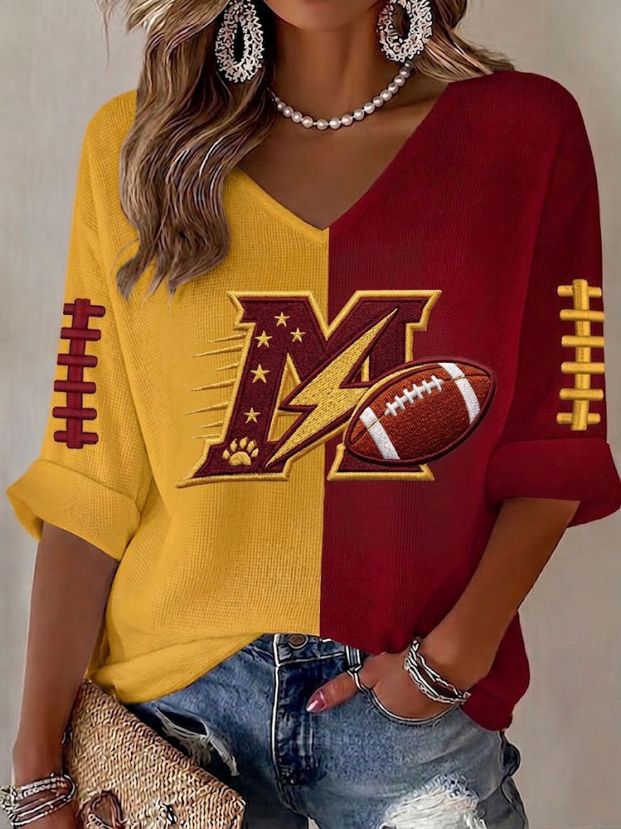 Women'S Football Print Waffle V-Neck Top