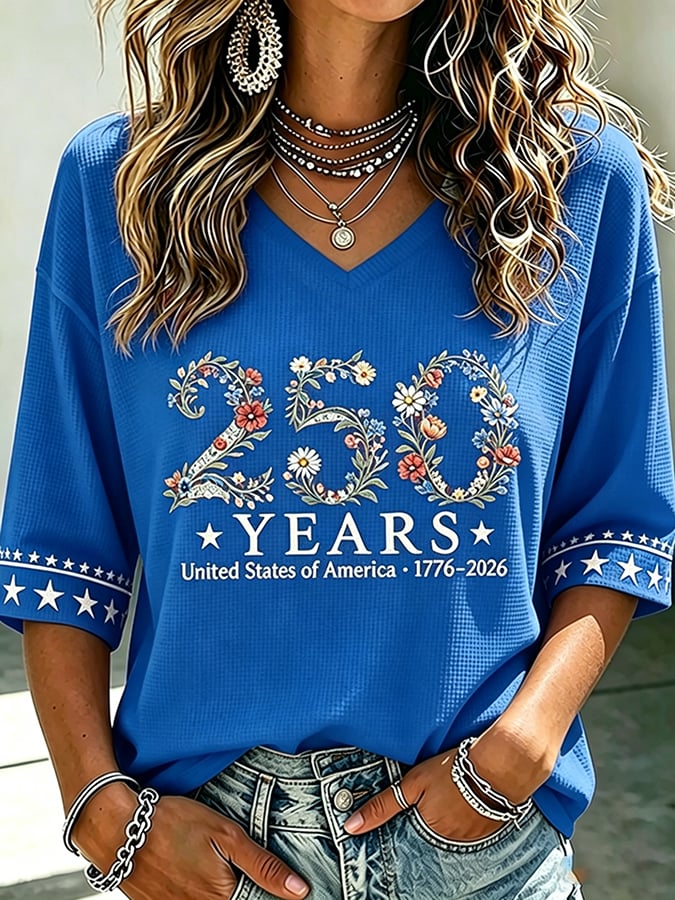 Women's 250 Years Of Freedom Flower Art Print V Neck Top