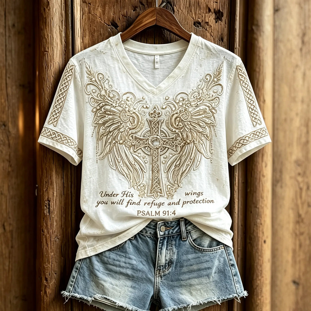 Women's Under His Wings You Will Find Refuge Cross with Wings Print short-sleeved T-shirt