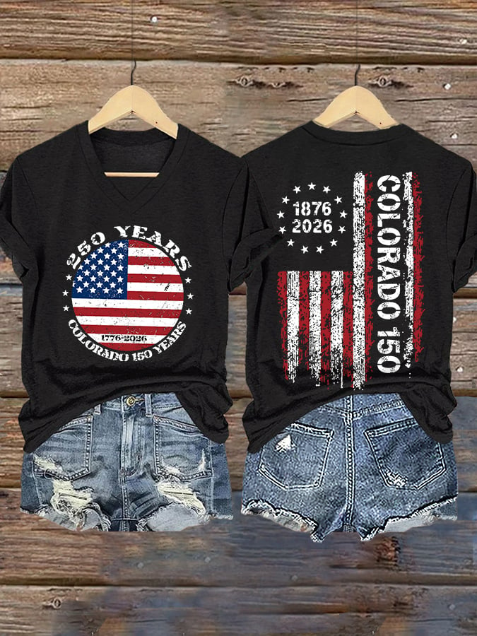 V-Neck Retro Colorado 150 Years USA 250 Print T-Shirt