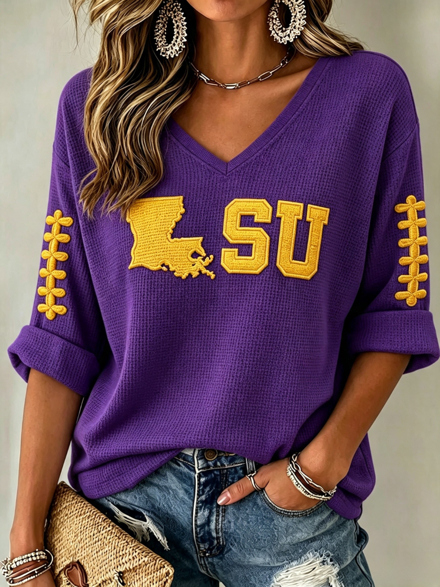 Women'S Rugby Patterned Waffle V-Neck Top