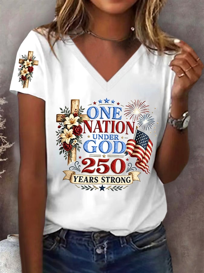 Women's One Nation Under God 250 Years Strong Print V Neck T-shirt