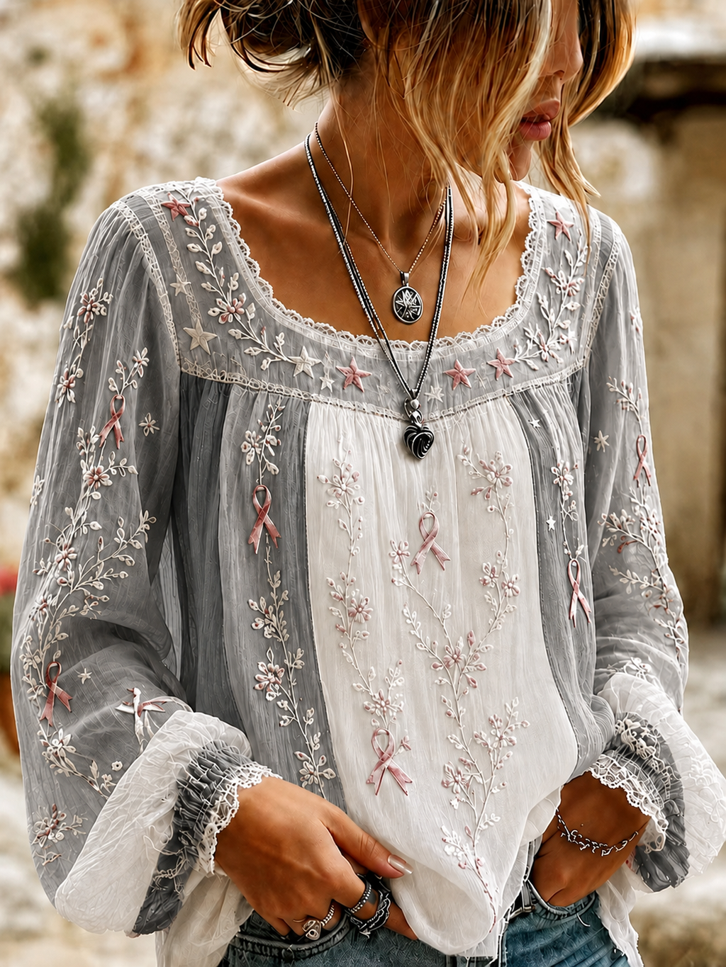 Women'S Casual Breast Cancer Awareness Publicity Print Long Sleeve Top