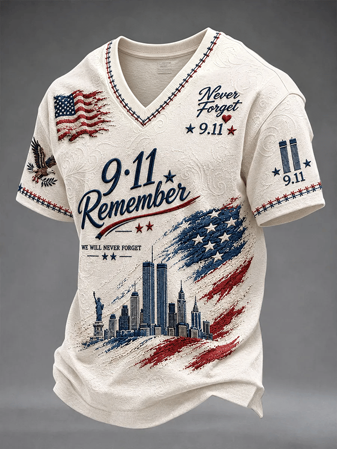 Men's "Never Forget 9/11" Design Comfortable V-Neck Retro T-Shirt