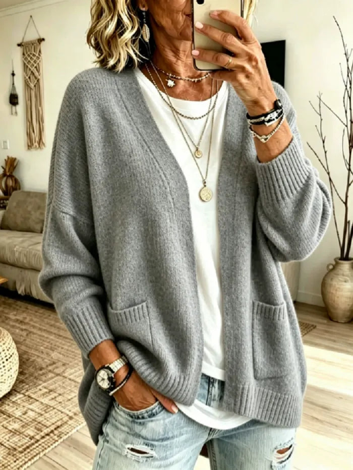 Women'S Casual Solid Color V-Neck Knitted Cardigan