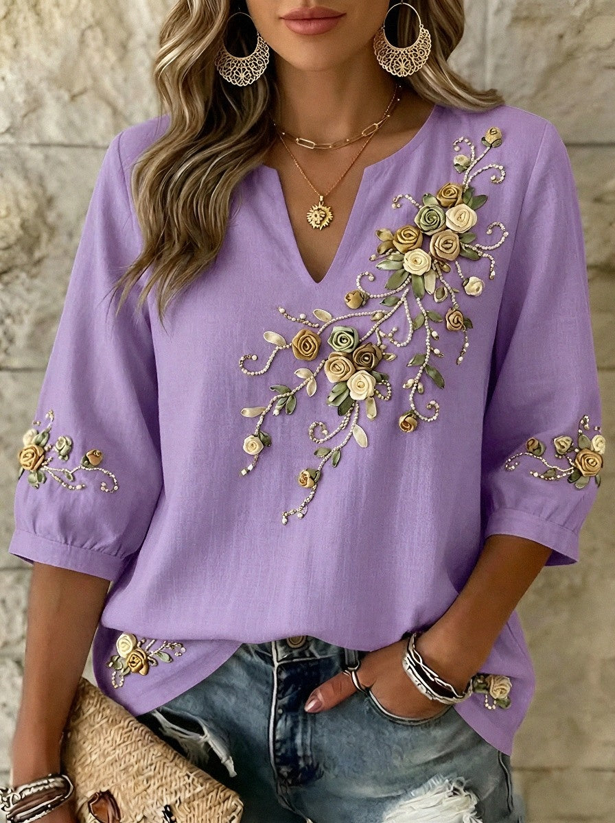 Women's Breast Cancer Awareness Floral Ribbon Embroidered Printed Top