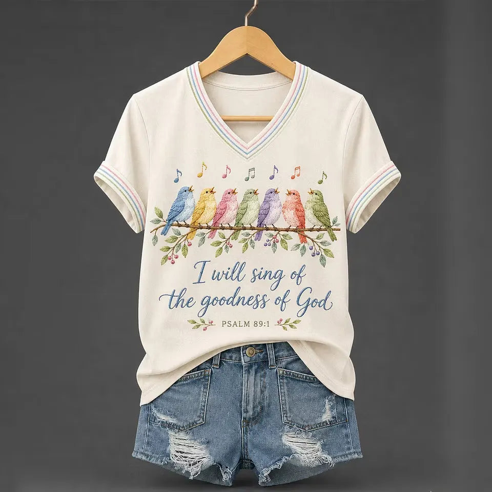 Women's I Will Sing Of The Goodness Of God Psalm 89:1 Christian Bird Print Casual V-Neck Tee