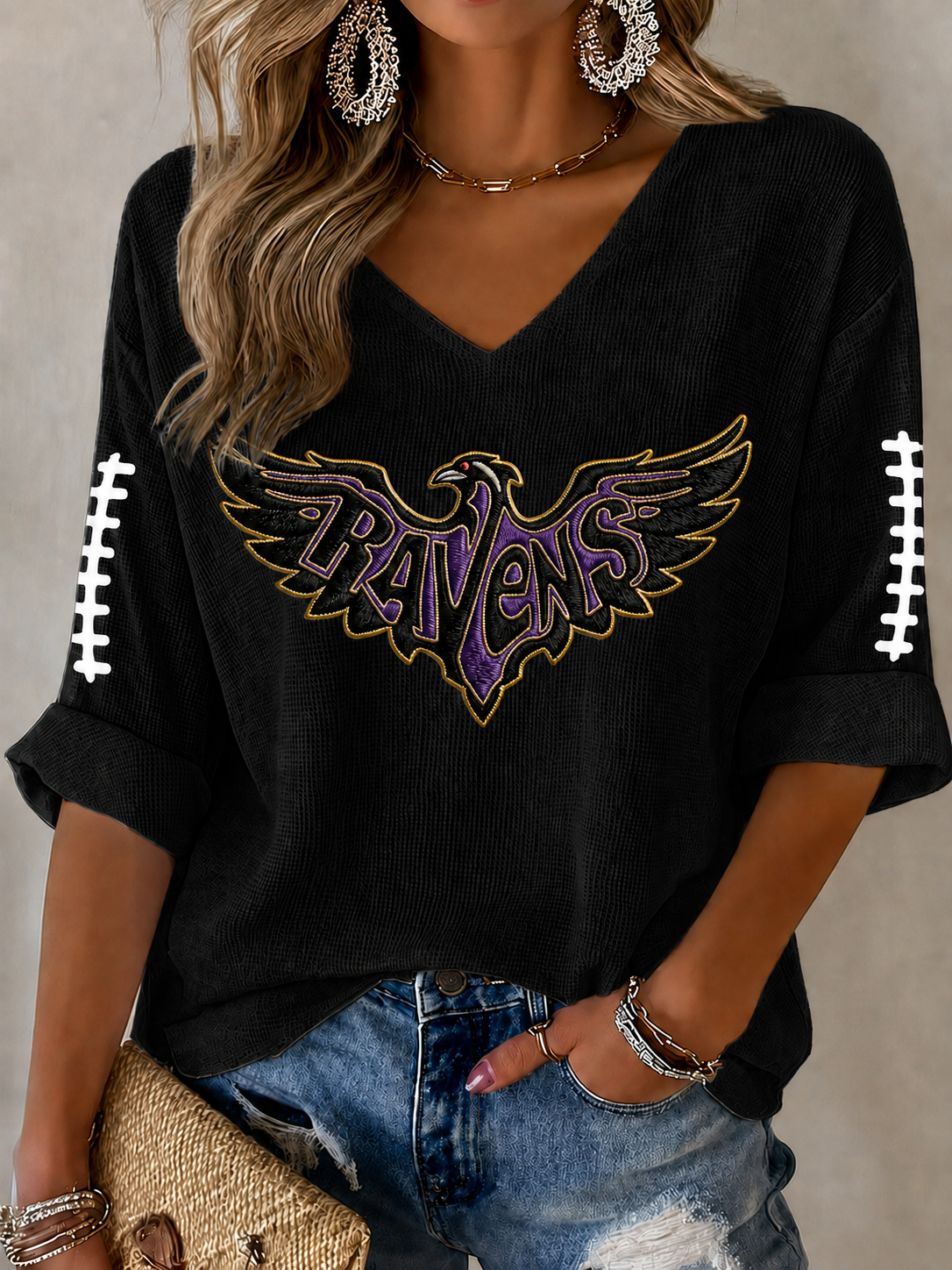 Women'S Football Print Waffle  Top