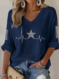 Women'S Football Printed Mid Sleeve V-Neck T-Shirt
