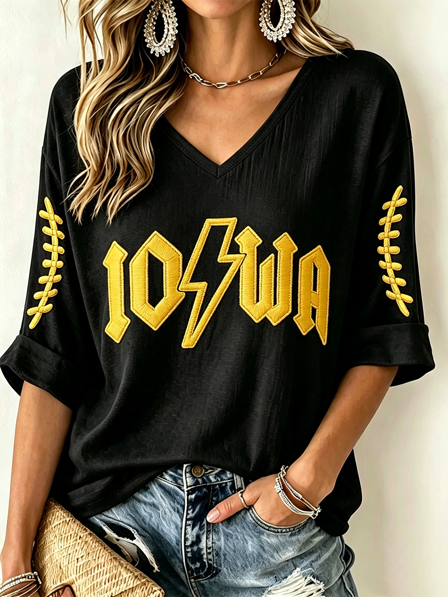 Women's Rugby Patterned Waffle V-Neck Top