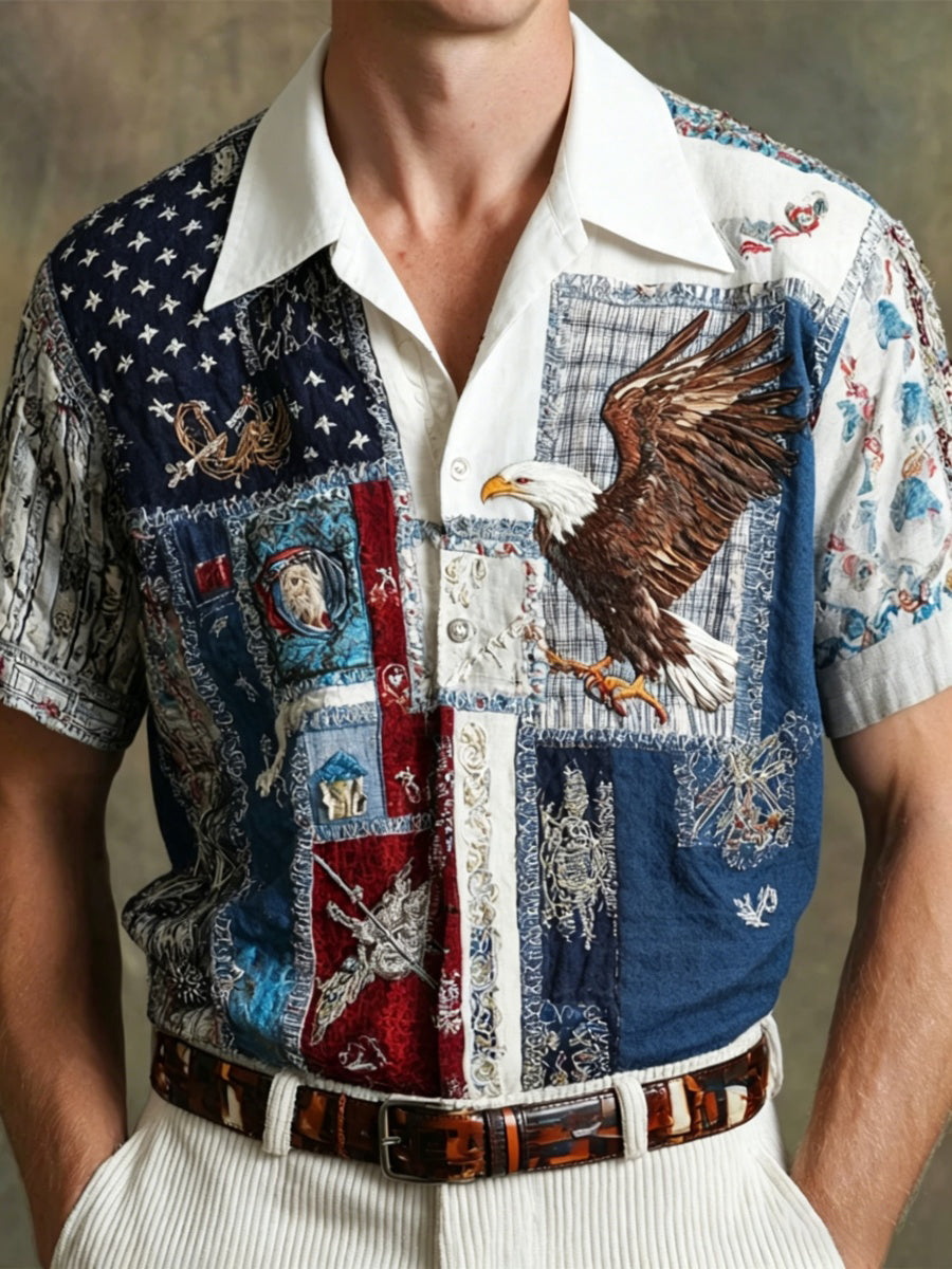 Men's American Eagle Flag Inspired Patchwork Linen Shirt