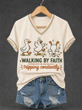 Women's Walking by Faith Tripping Constantly Goose Print Christian Inspirational V-Neck Tee