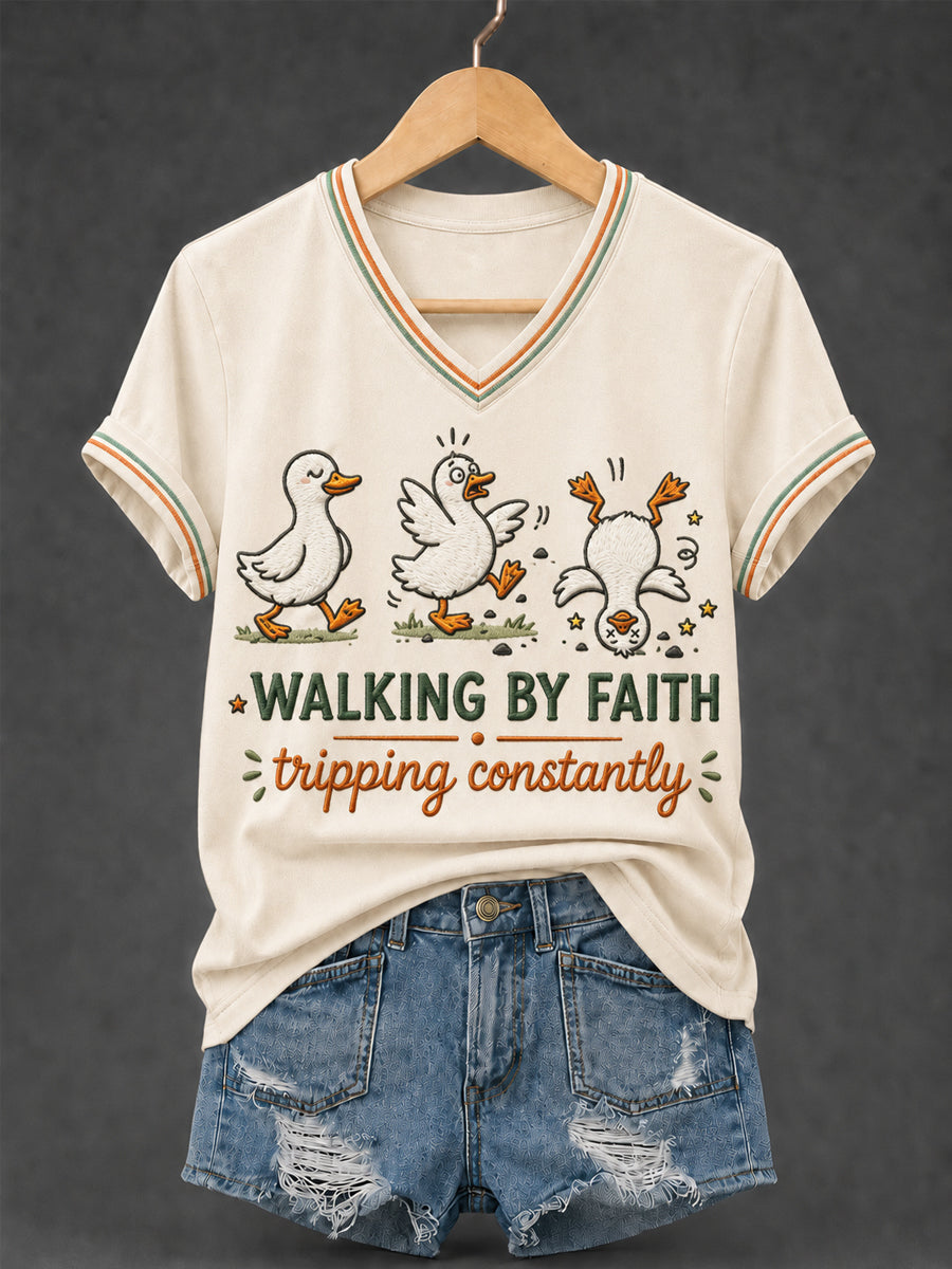 Women's Walking by Faith Tripping Constantly Goose Print Christian Inspirational V-Neck Tee