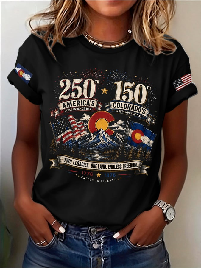 Retro 250Th America'S Independence Day 150Th Colorado'S Independence Day Two Legacies. One Land. Endless Freedom. 1776 1876 United In Liberty Print T-Shirt