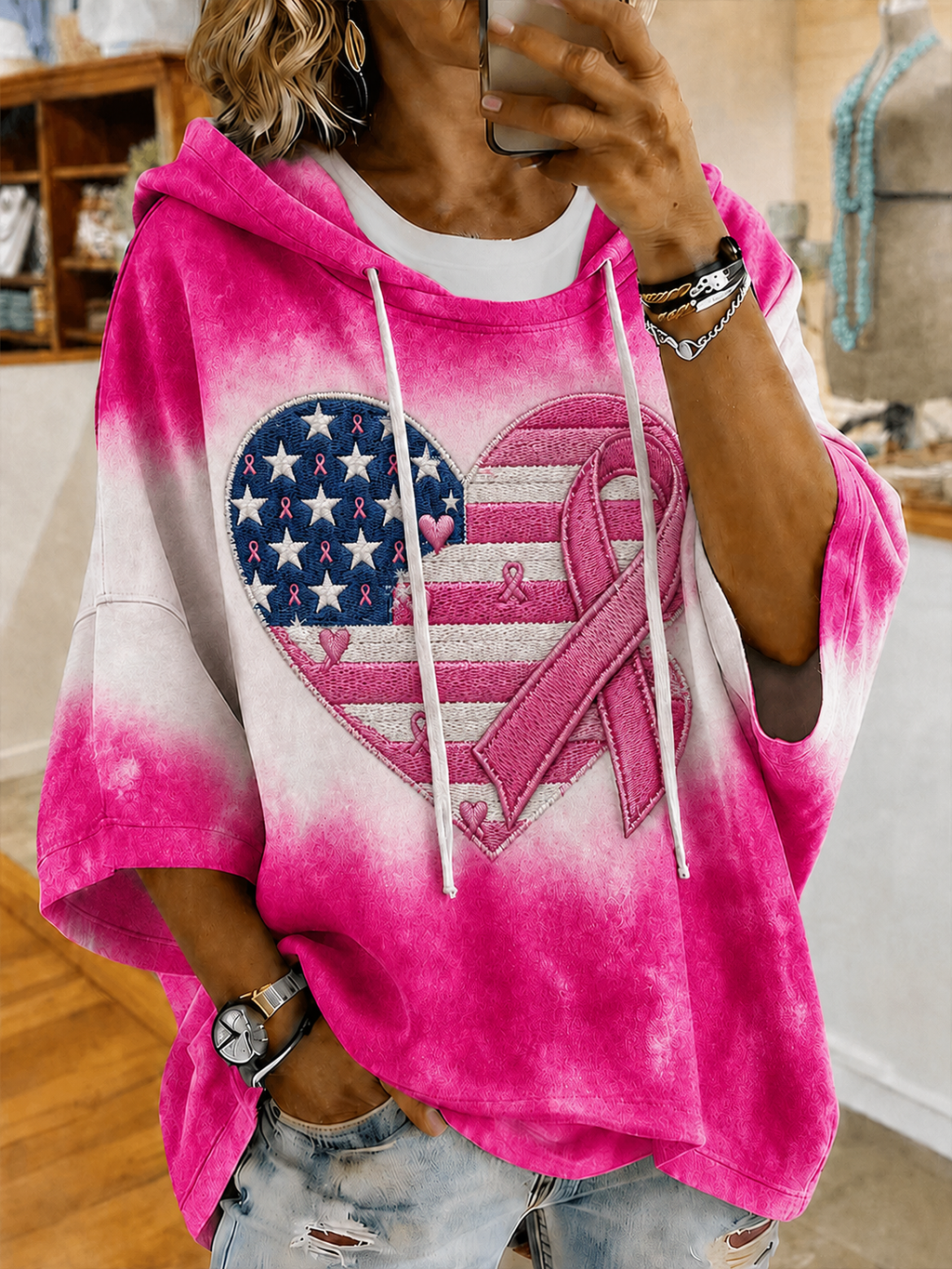 Women'S Breast Cancer Awareness Print Half Sleeve Hoodie
