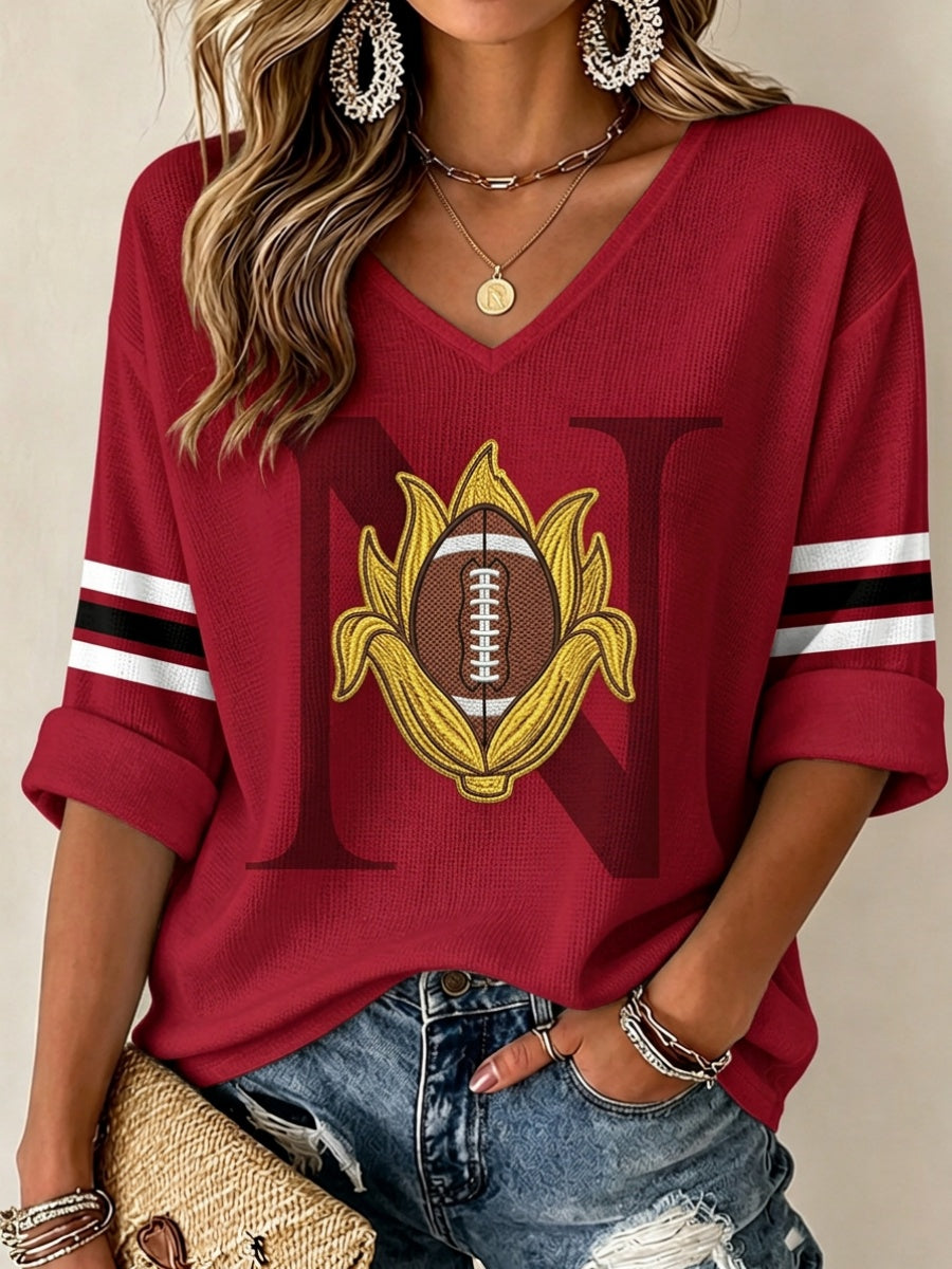 Women'S Football Print Waffle V-Neck Top
