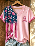Women'S American Flag Pink Ribbon Embroidered Casual T-Shirt