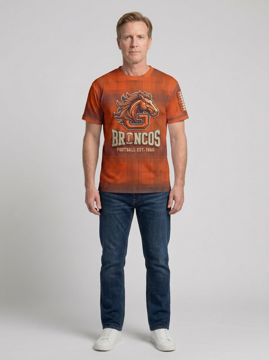 Men's Denver Broncos Football Plaid Pattern Printed T-shirt