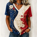 Women's Vintage Patriotic Floral Art Print V-Neck Top